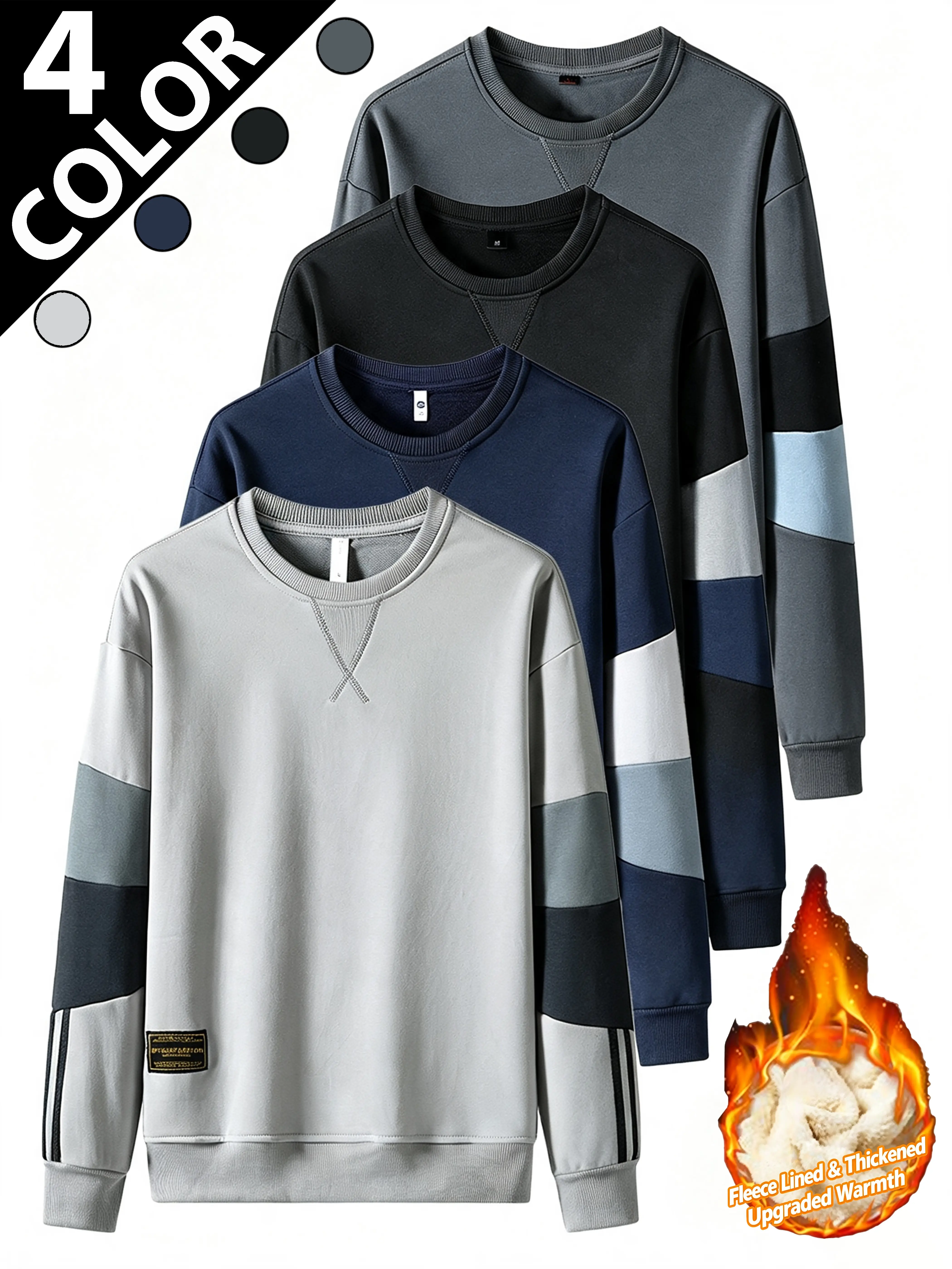 Sweatshirt. Fabric composition: 65% Cotton, 30% Polyester, 5% Spandex. 2026 Autumn & Winter Men’s Thick Fleece Lined Crew Neck Pullover Adopted premium mink fleece inner lining for outstanding warmth retention in cold weather. Fashion spliced design