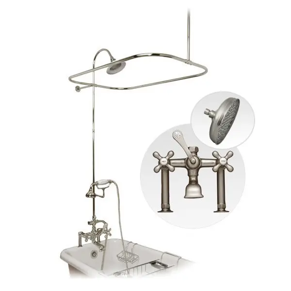 60 Inch Brushed Nickel Clawfoot Tub Rim Mount Shower Enclosure with Faucet and Rain Shower Head