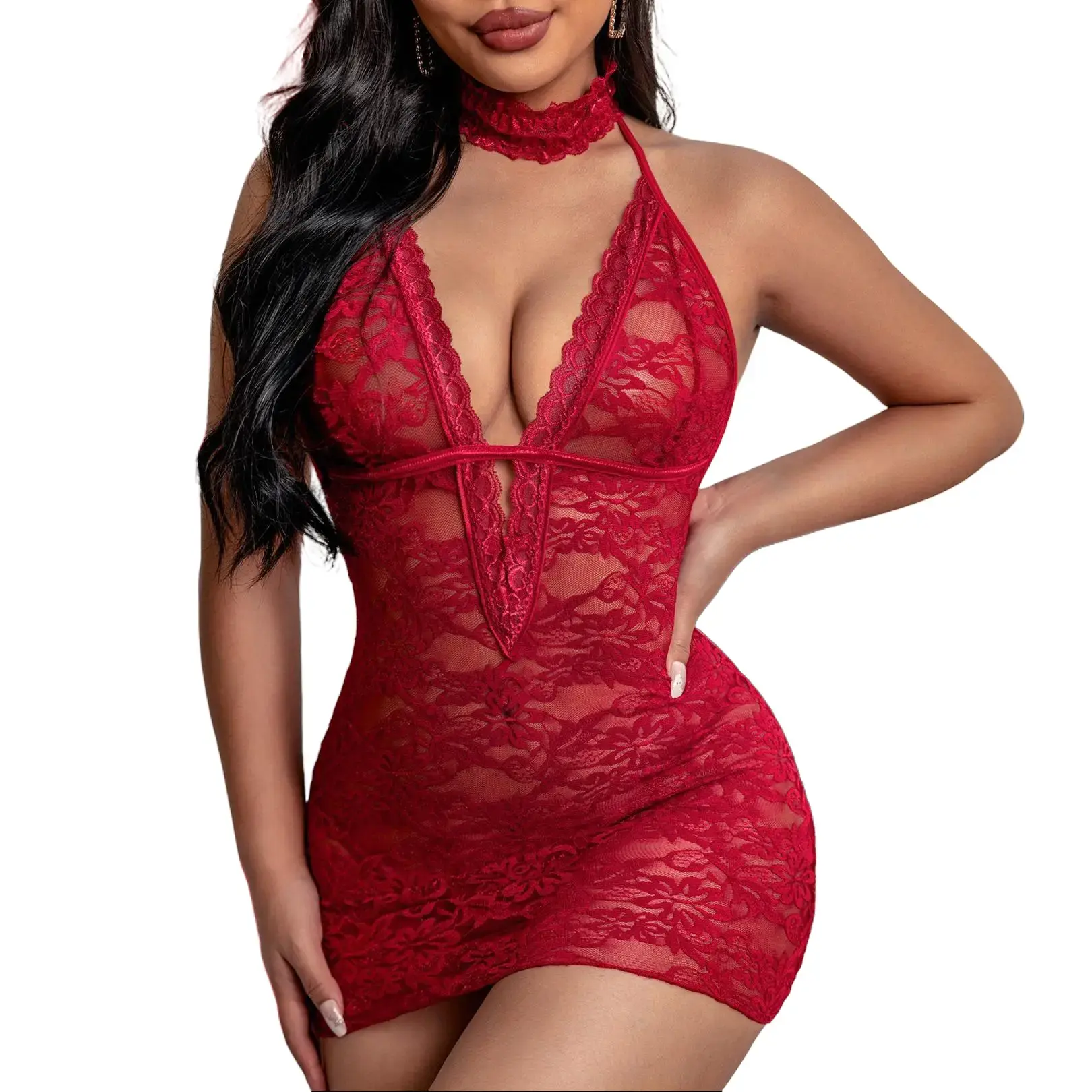 Avidlove Women's Floral Lace Chemise Halter Nightwear Dress with Adjustable Straps & Sheer Mesh for Bridal & Honeymoon Outfits