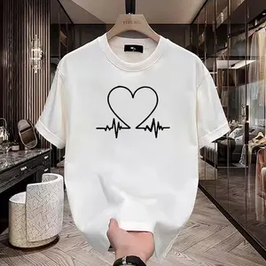 (Shipping From USA)Heart Print T-shirt, Couple Clothes, Unisex, New Arrival, Short Sleeve, Creative Printing, Suitable For Summer, Versatile, Loose, Men's Round Neck Top, Stylish,  Ins Style