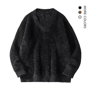 Vintage Fuzzy V Neck Sweater Soft Cozy Multi Color Black Brown White Casual Daily Autumn Winter Must Have Fashion Staple Elegant Essential Knitwear Piece Style Tops Womenswear Basic Fitted Long Sleeve fall sweaters FallFreshness