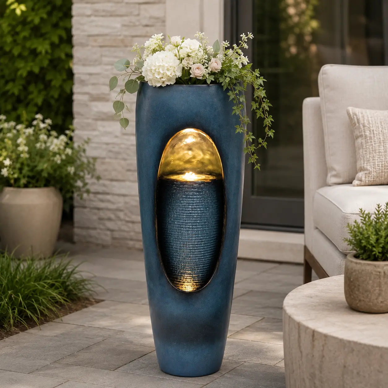 31.89" Outdoor Resin Water Fountain Planter with LED Light, Tall Garden Patio Water Feature Decor
