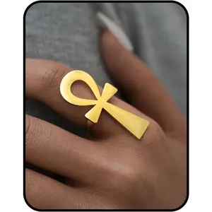 Ankh  Adjustable Ring -  Plated Chunky Statement Band, Egyptian Symbol , Stainless Steel  Thumb Index Midi Retro  Fashion Accessory for Women Men