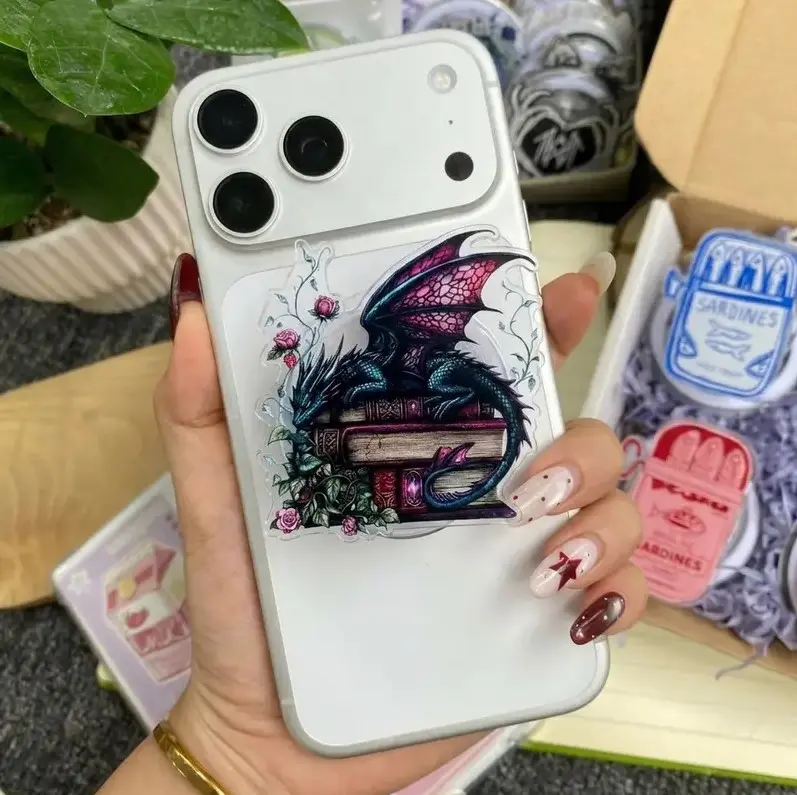 Fantasy Dragon on Books Phone Grip, Dark Aesthetic Magnetic Pop Holder, Trendy Phone Accessory for Teens & Book Lovers