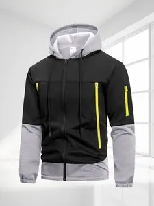 Men's Basic Patchwork Colorblock Hoodie with Zipper Pockets, Fleece Lined Warm Running Sport Jacket, Casual Fashion for Outdoor Commuting