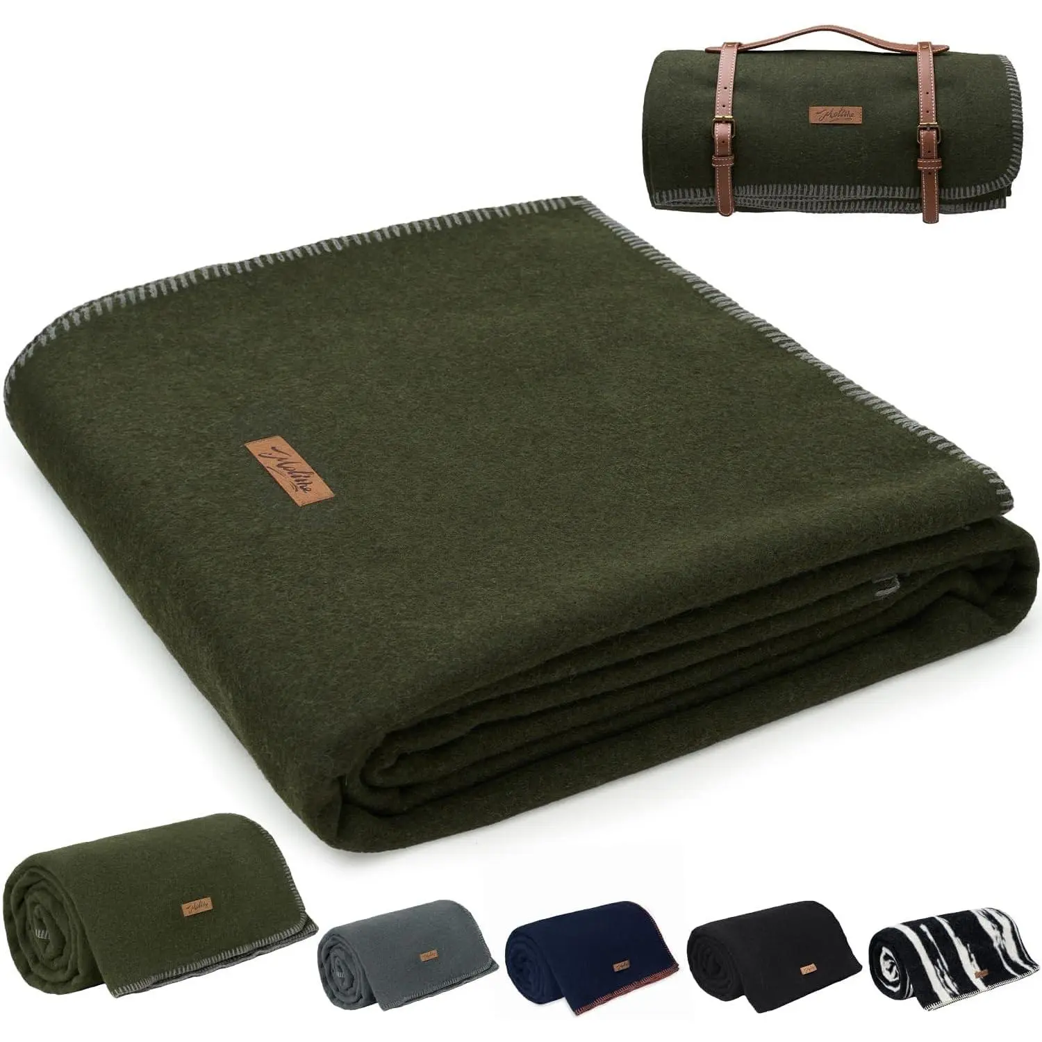 Wool Blanket, 100% Virgin Wool Military Throw, 600GSM Heavy & Thick for Outdoor Survival, Warm Washable Camping Accessories with Strap, 62" x 86"