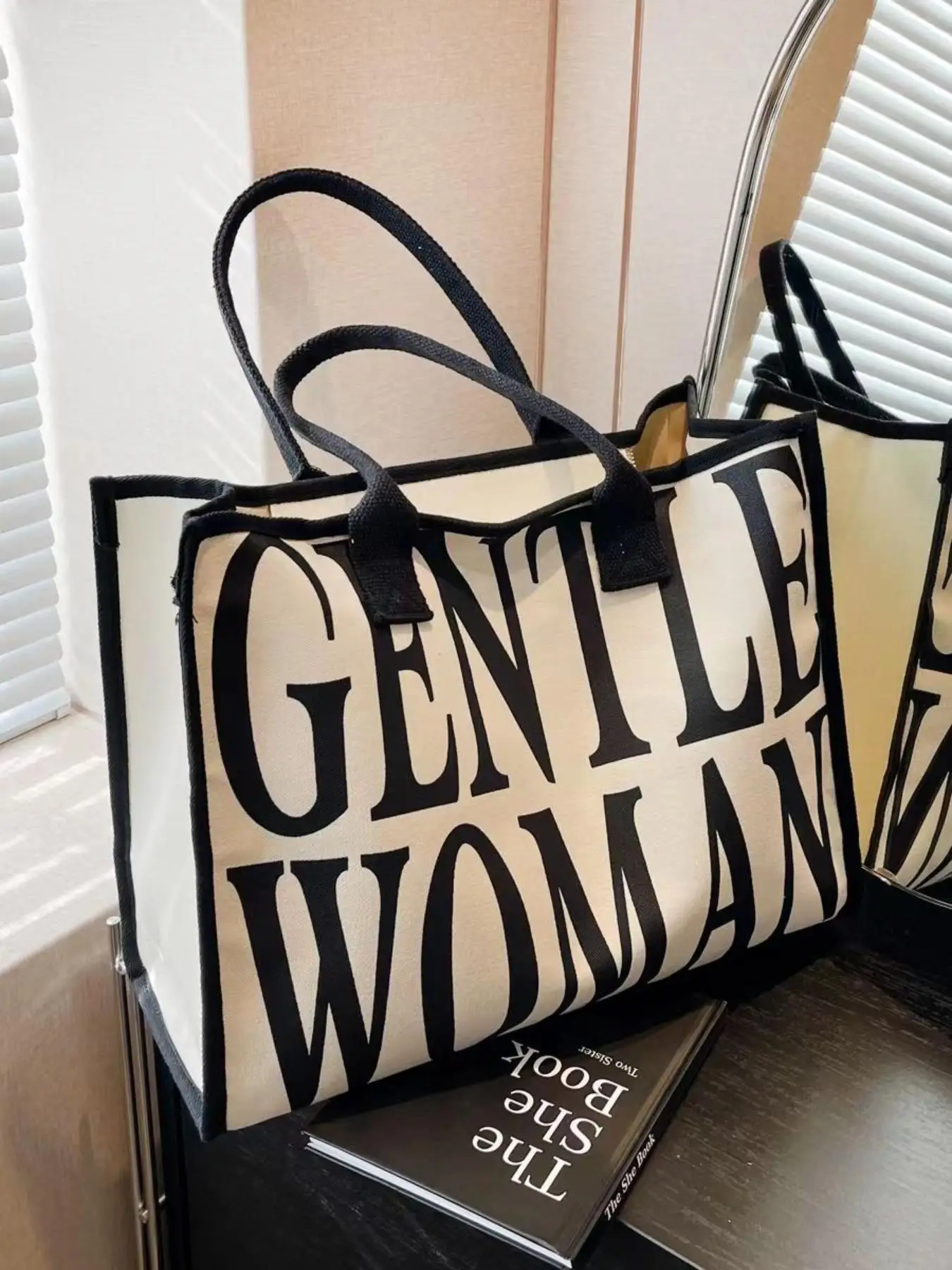 Women's Oversized Letter Printed Handbag, Fashion Contrasting Color Trim Design Shoulder Bag, Casual Large Capacity Commuter Canvas Tote Bag for Work