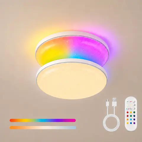 Givryes 2-Pack Plastic Magnetic RGB LED Ceiling System - Rechargeable Wireless Battery-Operated, Remote-Controlled, IP66 Waterproof, Brightness Dimmable, Adjustable Light Modes, Easy Installation Bathroom Decor Lighting