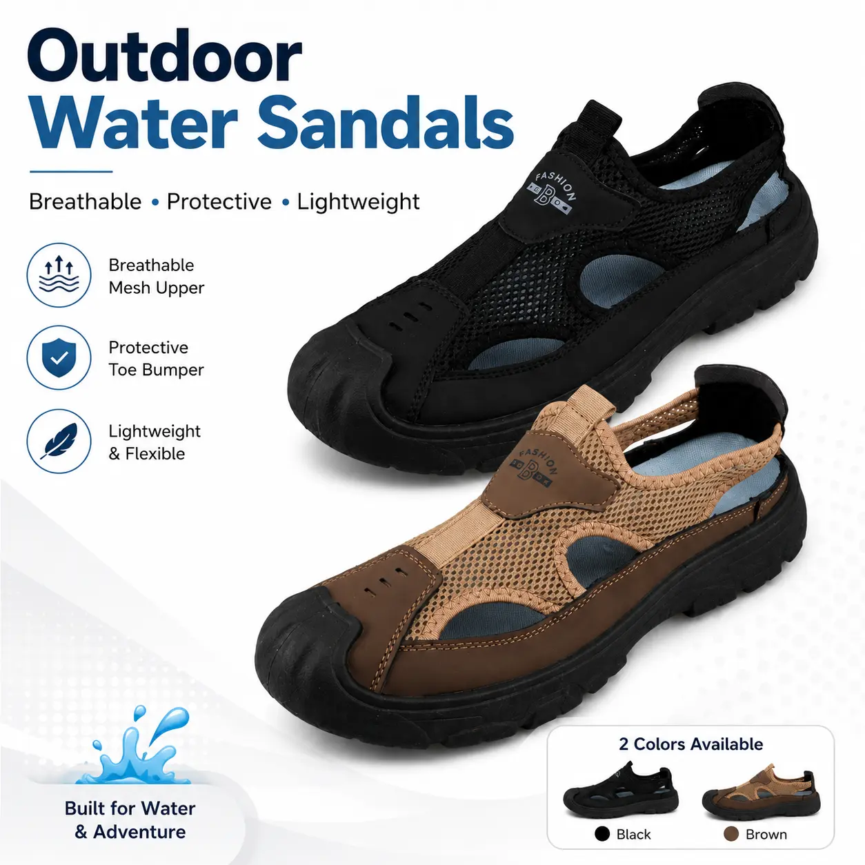Men’s Outdoor Water Sandals, Breathable Mesh Closed-Toe Hiking Shoes, Lightweight Flexible Walking Sandals with Protective Toe, Casual Athletic Shoes for Beach, Fishing, Travel & Outdoor Adventures