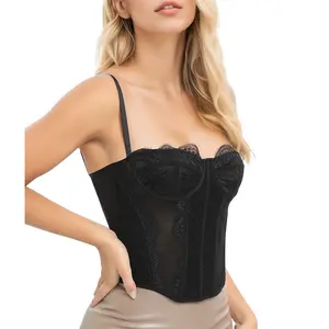 Lace Bustier Corset Tops for Women Going Out Mesh Overbust Adjustable Strap Waist Cincher Crop Bustier Party Rave Date Night Outfit Tank Top Womenswear Elegant Shapewear Basic Black Minimalist