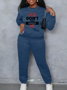 God Don't Play About Me Printed pattern Women's Casual Loose Fit Sporty Set, Round Neck Long Sleeve Pullover & Pants, Comfortable Daily Wear for Sports & Outdoor Activities