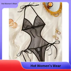 Sexy Women's Sheer Mesh & Lace-Up Lingerie, Form-Fitting Bodysuit with Polyester Solid Knit Fabric