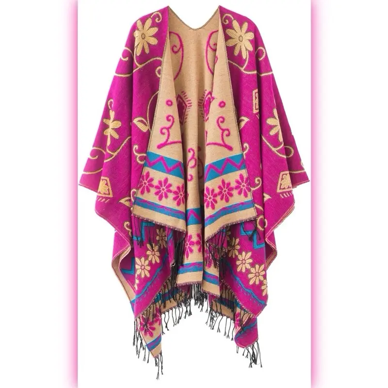 Women’s Vintage Tassel Poncho Shawl Open Front Retro Cape Pink