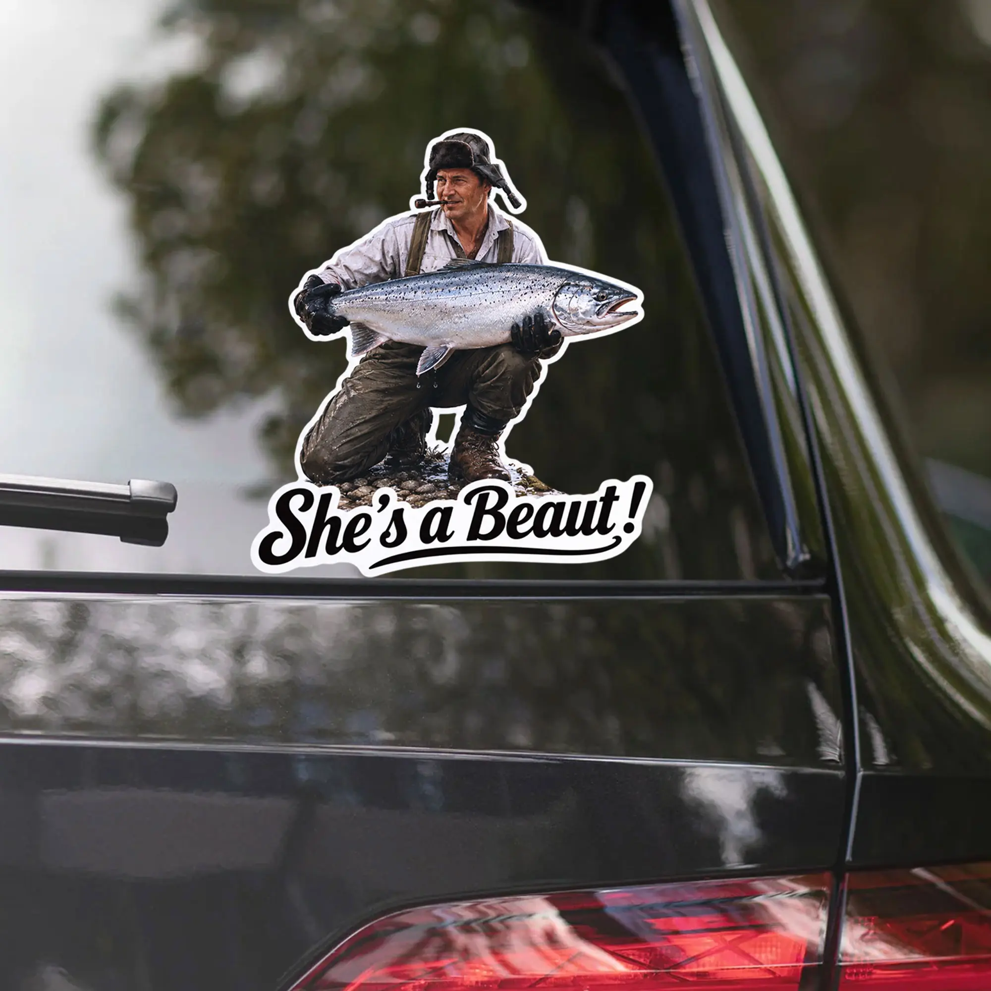Trophy Angler Die Cut Vinyl Sticker, Shes A Beaut Fisherman Big Salmon Fly Rod Decal, Waterproof Car Phone Boat Cooler Decor