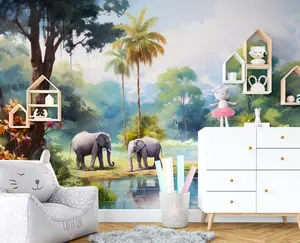 Elephant Jungle Peel and Stick Wallpaper – Watercolor Safari Landscape Mural for Nursery, Kids’ Room, or Boho Jungle-Themed Space