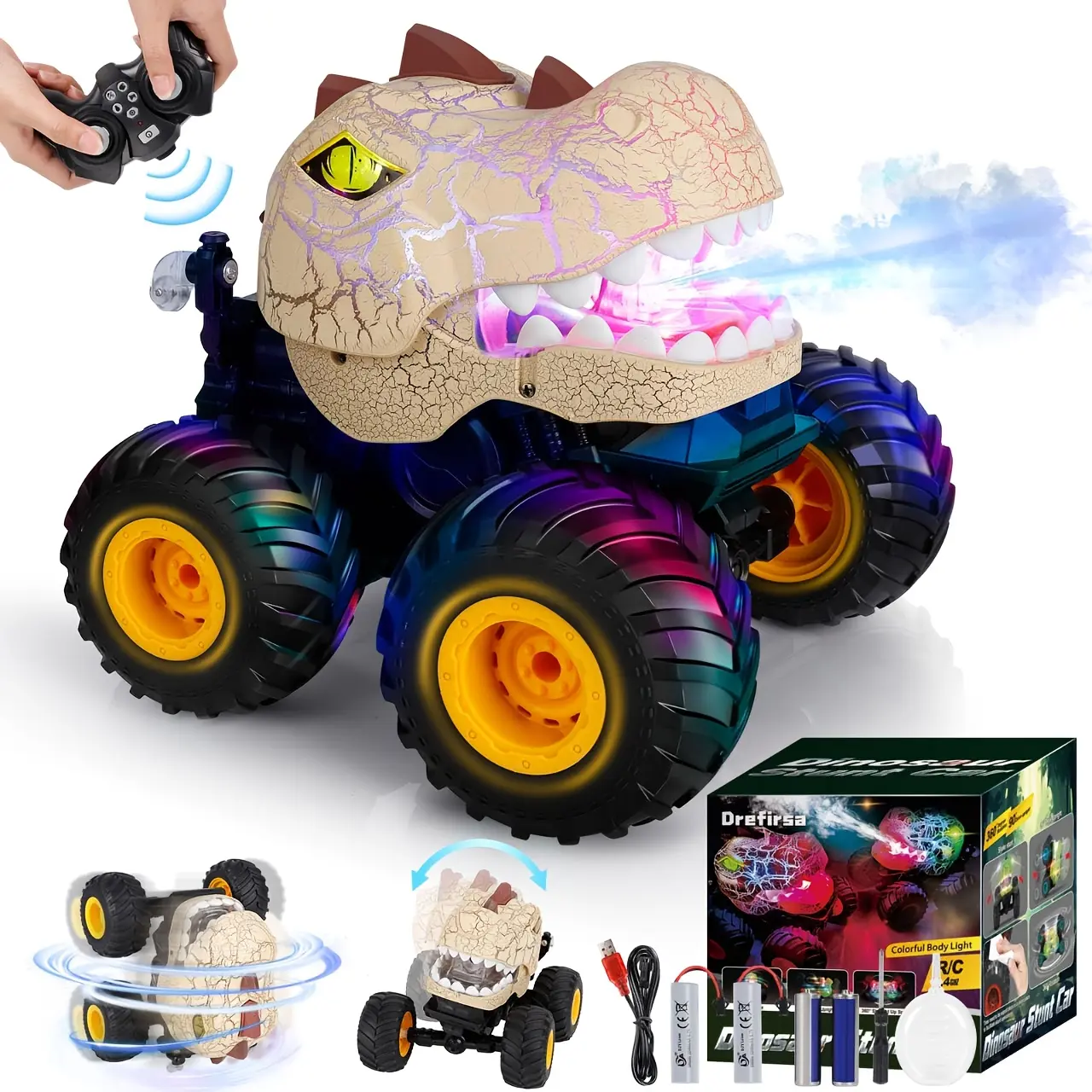 RC Dinosaur Vehicle for Boys 4-12 years old, Truck Toys with Spray, Lights, Music, 360 Spinning, 90 Driving Functions, Long Endurance All Terrain Dinosaur Toys, Children's Birthday and Christmas Gifts