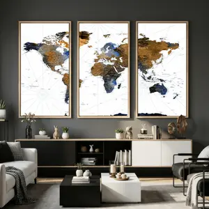 World Map Wall Art Canvas Print, Modern Decorative Framed Map Artwork Prints for Living Room Decor
