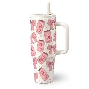 1 Pc 40 Oz Stainless Steel Water Cup with Handle and Foldable Straw, Pink Soda Can with Bow and Heart Cute Design, Double Wall Insulated Thermal Mug, Hot 12H/ Cold 24H, Perfect Gift for Friends, Mother's Day, Easter, Birthday.