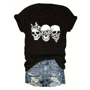 Triple Skull Graphic Crewneck Tee - Ultra-Soft & Durable Cotton, Relaxed Fit Elegant Streetwear Top | Dark Academia & Gothic Aesthetic Essential for Concerts, Edgy Date Nights and Everyday Bold Statements