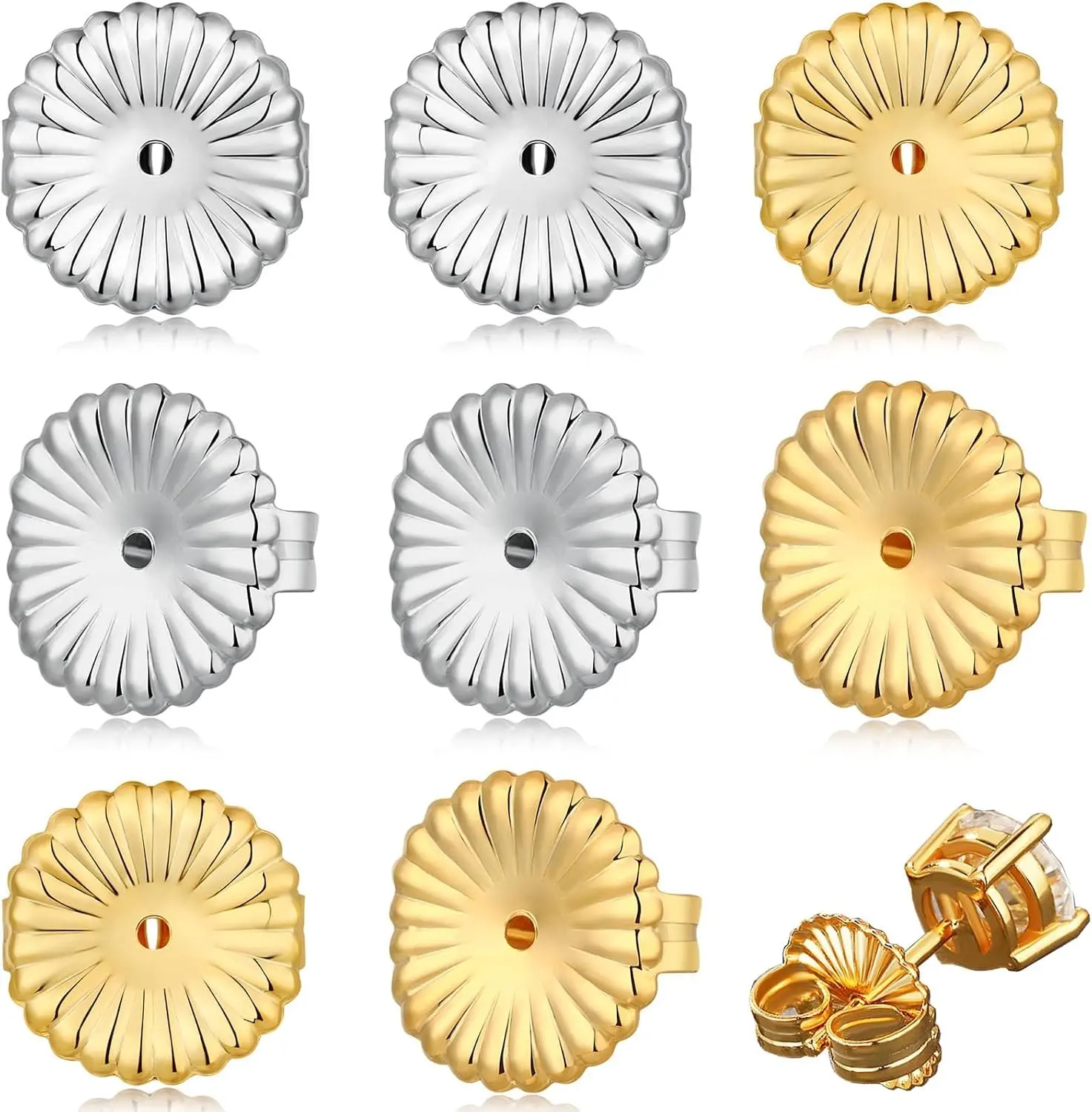 9mm Secure Locking Earring Backs Set, 8-Piece Daisy-Shape Silver+Gold Replacements for Droopy Ears & Heavy Earwear