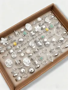 Women's Elegant Vintage Resin Ring Set, 20/15/5 Pieces, Fall Winter Colorful Rings, Silver Color, Party Wedding Jewelry