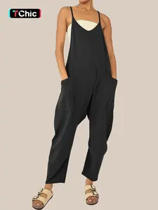 Women's Solid Color Pocket V Neck Overall Jumpsuit without Tube Top, Casual Basic Adjustable Spaghetti Strap Sleeveless Overall Jumpsuit for Summer, Fashion Women's Clothing for Daily Wear