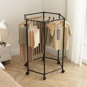 Hexagonal Rotating Clothes Hanger with Wheels, Stable 16mm Metal Tube, Portable Design, Efficient Storage & Display, /