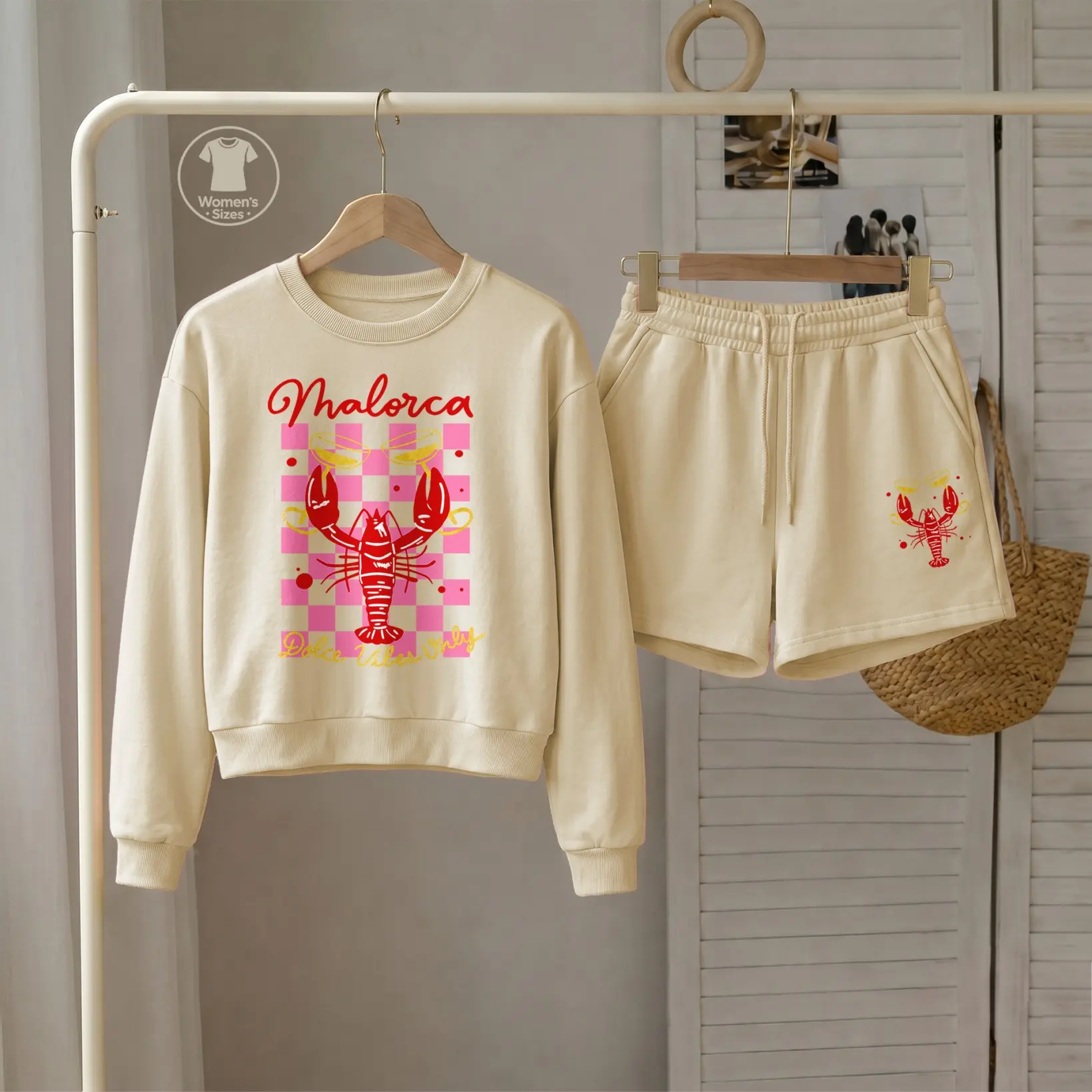 Women’s Malorca Lobster Graphic Crewneck Short Sleeve Sweatshirt & Drawstring Shorts Set, Trendy Casual Two Piece Outfit For Daily Lounge Streetwear
