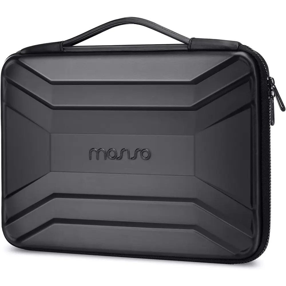 MOSISO 13-14 Inch Laptop Hard Case with Handle - Waterproof, 360° Shockproof EVA Interior Sleeve, Mesh & Synthetic Hybrid Material, Glossy Solid Symmetrical Trapezoid Bag, 12.99×9.25×1.18in, Protection for MacBook HP Dell, Student-Focused, Flexible
