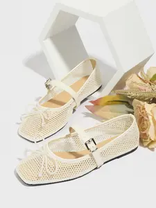 Ballerina Hollow Out Mesh Flat Shoes Lightweight Casual Shoes Summer Bowknot Square Toe Breathable Casual Sandals Fashion Comfort Soft Sole, Bowknot Design Flats