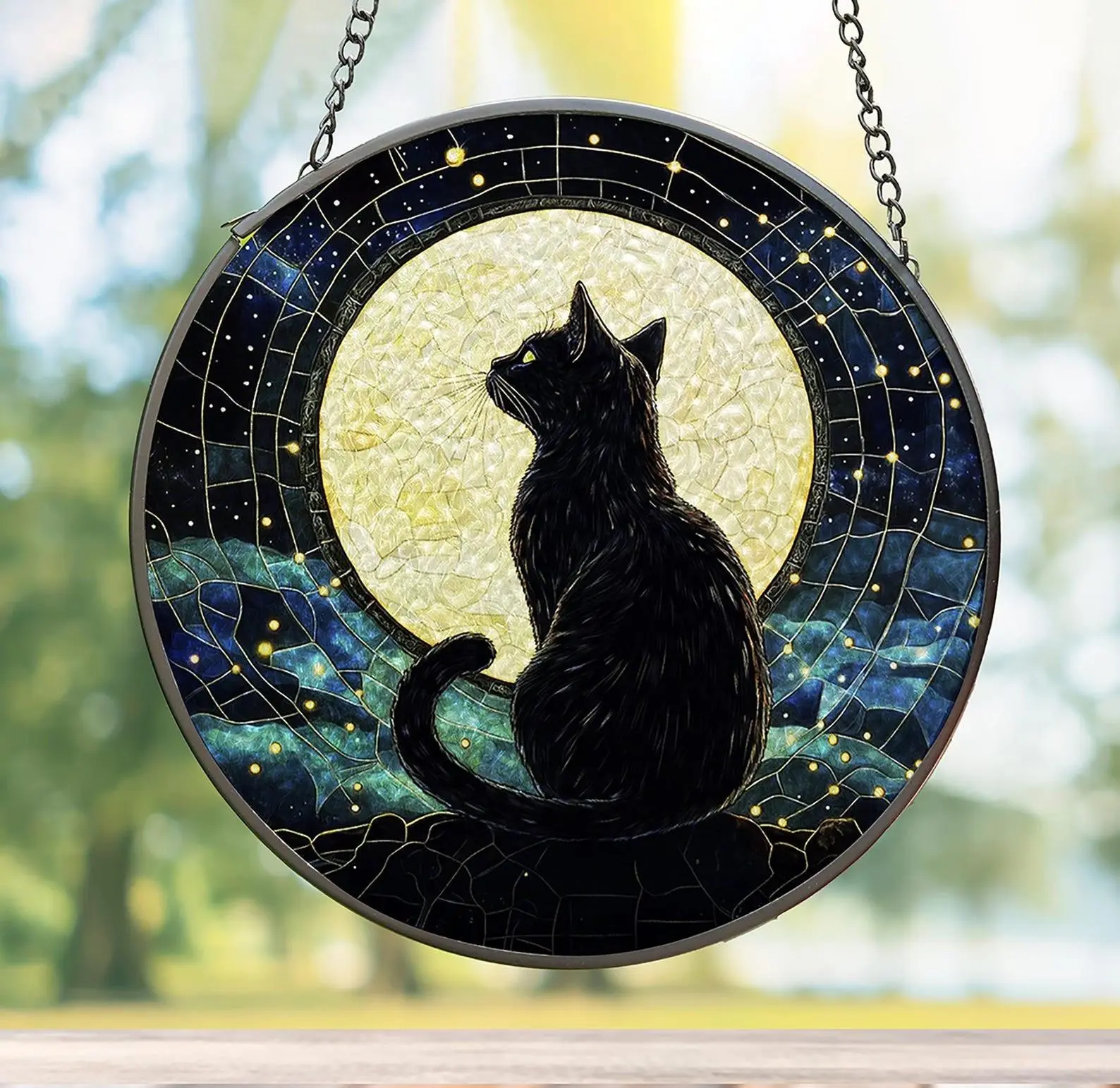Gothic Celestial Black Cat Acrylic Suncatcher Moon Stained Glass Window Hanging Panel Witchy Room Decor Ornaments Magic Halloween Whispering Cat Gift for Cat Lovers