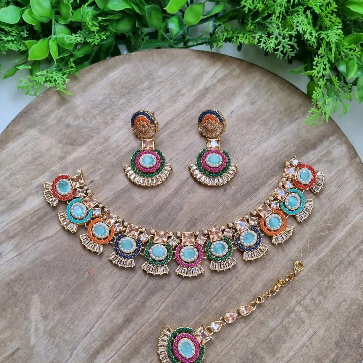 Multi Colored Nauratan Jewelry Set: Necklace, Earrings, & Tikaa
