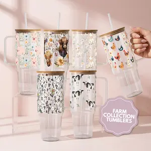 Farm Collection 32oz/40oz Tumbler with Lid & Plastic and Glass Straws, Chickens Cows Pigs Goats Ducks