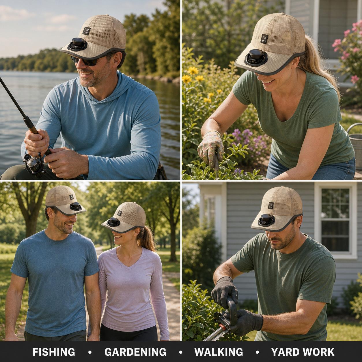 Beige Mesh Baseball Cap with Solar Charging Brim Fan, Outdoor Hat for Fishing, Gardening, Walking and Travel