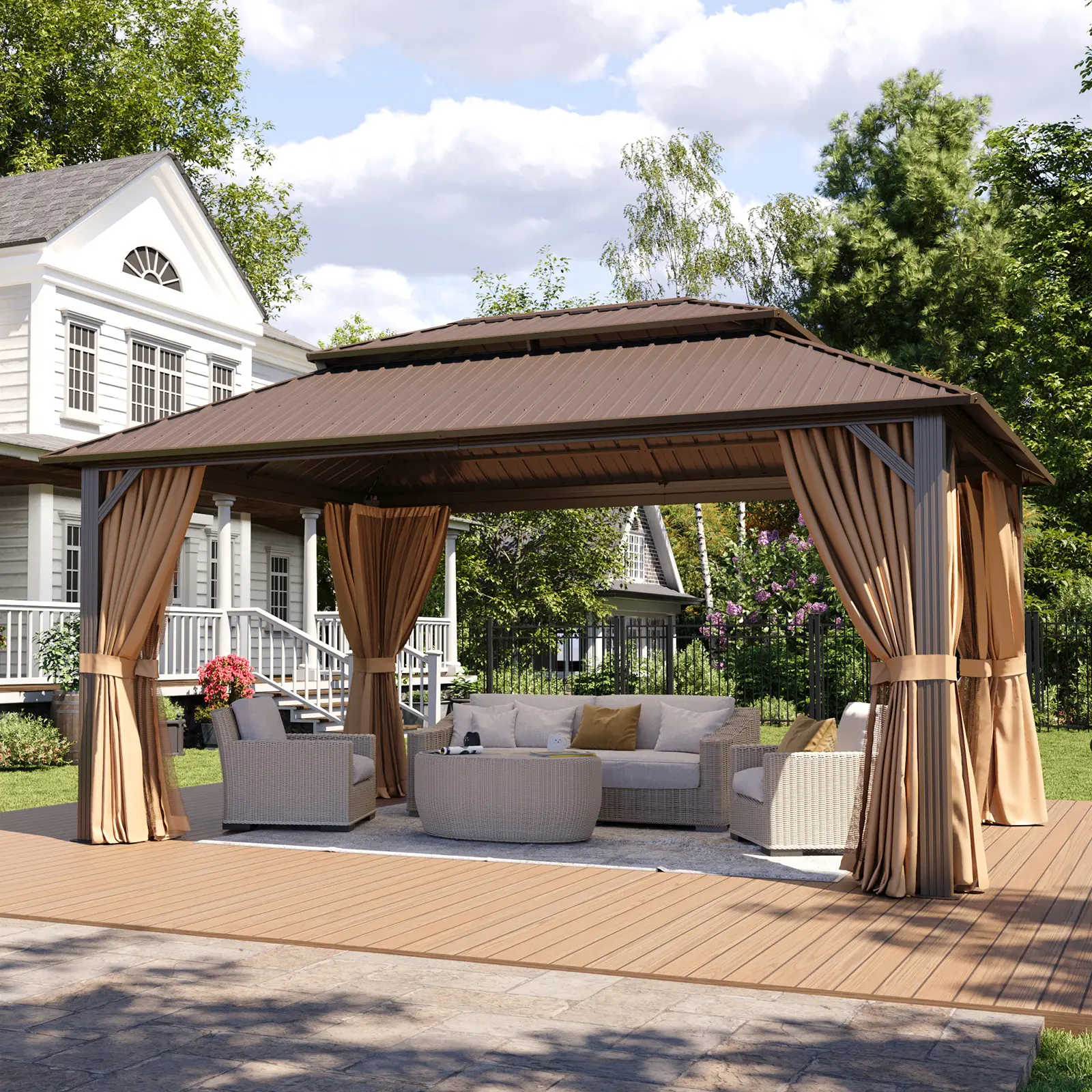 Aoxun Permanent Hardtop Metal Gazebo (12'x10'/14'x10'/16'x12, Brown-Gray) - Galvanized Steel Double Roof, Mosquito-Resistant Netting, Curtains, Patio Canopy, Outdoor Shelter, Lawn Backyard Decor