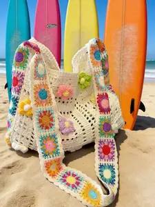 Handmade Crochet Granny Square Tote Bag, Colorful 3D Floral Knit Shoulder Bag, Large Capacity Hollow Out Beach Bag for Vacation & Daily Use, Boho Aesthetic Handbag for Women