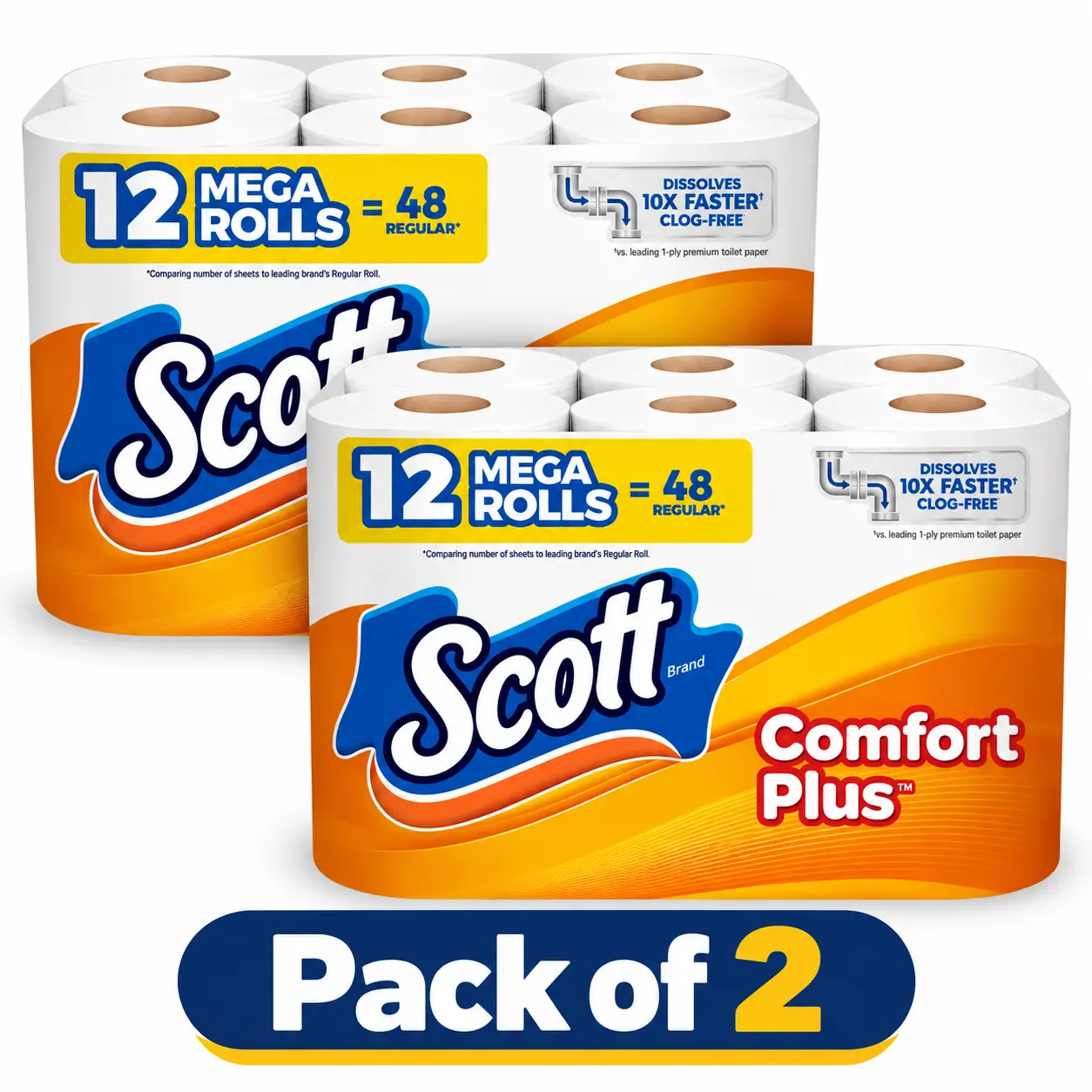 2 Pack Scott ComfortPlus Toilet Paper, 12 Triple Rolls, 231 Sheets per Roll, Septic-Safe, 1-Ply Toilet Tissue Softness Bathroom Use