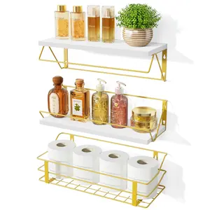 Floating Shelves for Wall, Bathroom Shelves Over Toilet with Towel Bar,Wall Shelves with Storage Wire Basket, Wood Shelves for Bedroom Kitchen Living Room Books, Set of 3,
