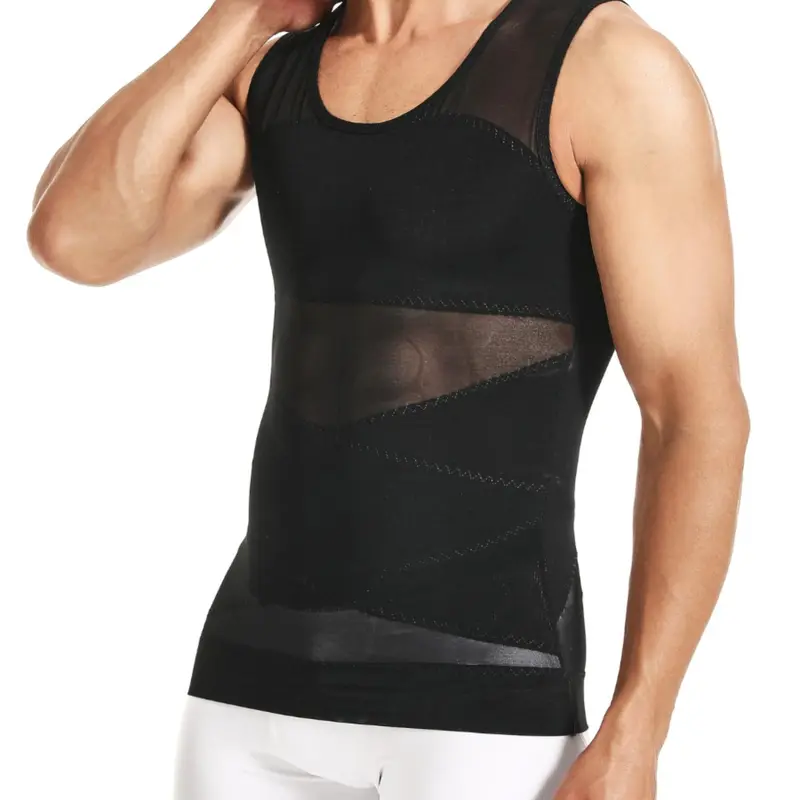 Men's Plain U Neck Sheer Tulle Shapewear Tank Top, Minimalist High Stretch Tummy Control Shaper Vest, Breathable Mesh Shapewear Menswear,Compression Vest Fitness,summer outfits,Belly Slimming,Undershirt Tank Top, Waist Trainer Vest
