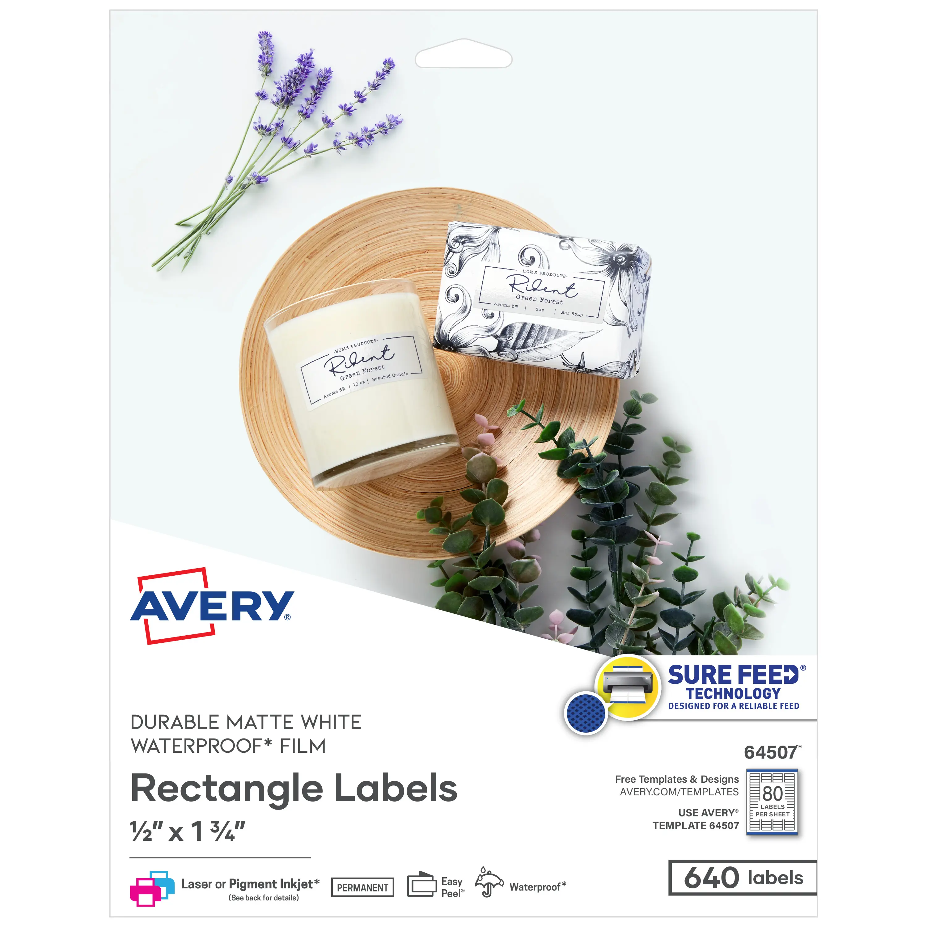 Avery® Durable Waterproof Labels & Stickers, 0.5"x1.75" Matte White, Sure Feed™ Tech, Laser/Pigment-Inkjet Compatible, 640 Total Printable Labels (64507), Laser/Inkjet, Surefeed™ Tech
