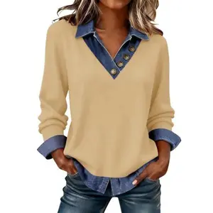 2026 Women's Denim Patchwork Sweatshirt Pullover - Loose Fit for Flattering Coverage, Soft & Skin-Friendly Fabric, Buttoned V-Neck & Contrast Cuffs, Effortless Retro Casual, Fall Layering, Daily Commute & Weekend Errands, Viral Influencebalenciagtv series