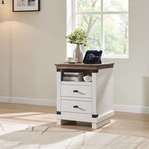 REDLEMON Farmhouse Nightstand with Built-in Power Strip – 2 Storage Drawers & Open Wooden Shelf, Compact Bedside Table for Bedroom, Living Room or Small Spaces