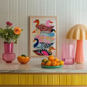 Colorful Ducks Art Print: Kitsch Animal Pattern Wall Decor