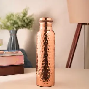 Copper Water Bottle 34oz/1000ml, Pure Handmade Hammered Copper Vessel, Ayurvedic Drinking Flask, Leak-Proof Heavy Duty for Gym Yoga Travel