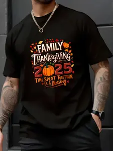 100% Cotton Unisex Family Thanksgiving 2025 Thanksgiving Crew Matching Group T-Shirt， men's autumn short-sleeved shirt, featuring maple leaf and Thanksgiving Halloween prints 1