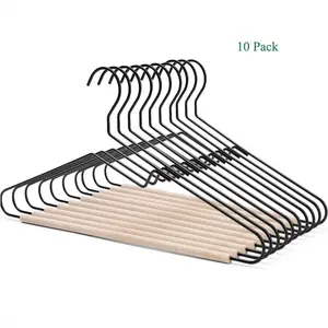 Premium Black Metal Hangers 10 Pack with Wooden Pants Bar | Non-Slip, Space-Saving Closet Organizer | No More Clothes Falling | For Luxury Wardrobe & suits