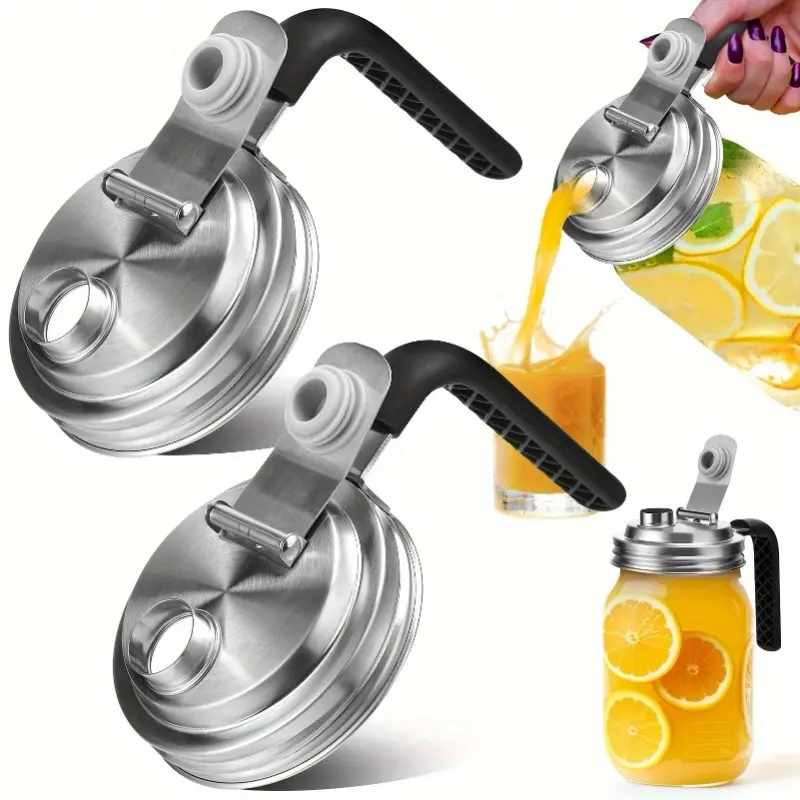 2Pcs 304 Stainless Steel Mason Jar Lids with Handle, Includes Lids, 86mm Flip Pour Spout Covers, Easy Flip Top Lid, Oil Dispensing Caps, Reusable Sealing Lids, Perfect Fit Wide Mouth Jars, Ideal for Kitchen Camping Travel Drinks & Food Storage