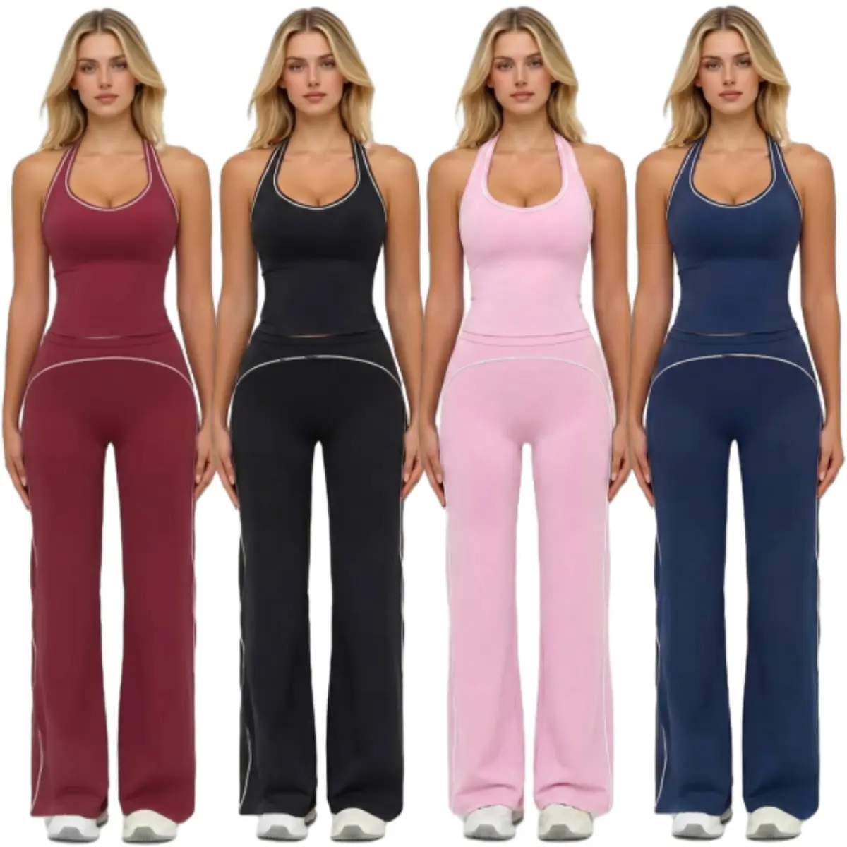 Women 2 Piece Workout Set, Contrast Compression Tank Top, Tummy Control High Waist Bell Bottom Flare Leggings, Yoga Running Athletic Outfit