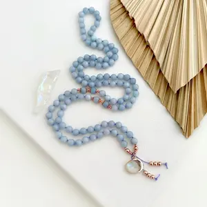 Ocean Dreams Mala Necklace with Aquamarine Mala Beads and Moonstone Guru Crystal, 108 Prayer Beads, Yoga Spiritual Necklace Healing Crystals
