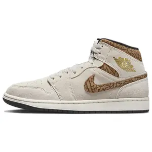 Men's Nike Air Jordan 1 Mid "Brown Elephant" Retro Athletic Basketball Shoes - White & Brown Mid-Top Casual Trainers, Athletic Shoes